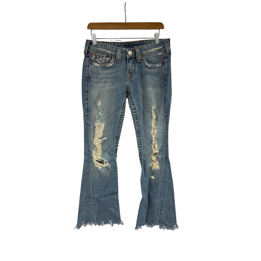 True Religion Joey Distressed Flare Jeans Blue Denim Low Rise 27 Made in USA